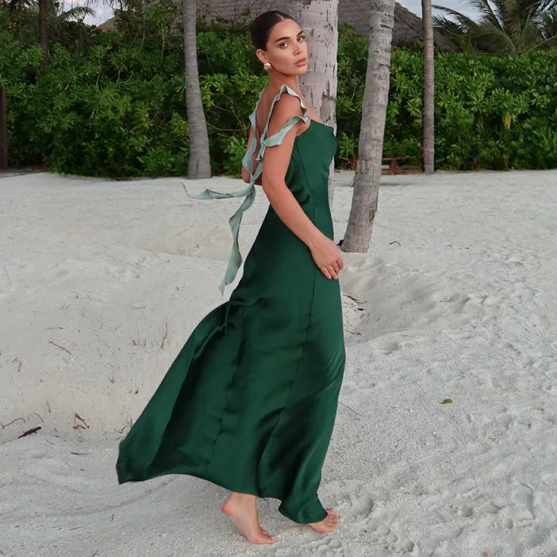 Frill Strap Satin Midi Dress