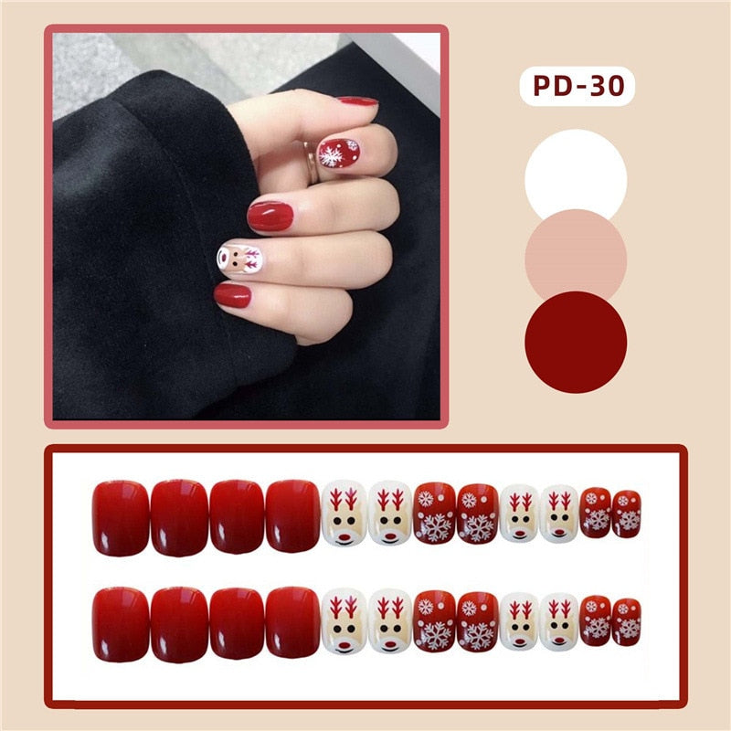 24Pcs/Box New Christmas Elk Snowflake Fake Nails Artificial Short Round Press on Acrylic Nails Tips Coffin Nail with Glue