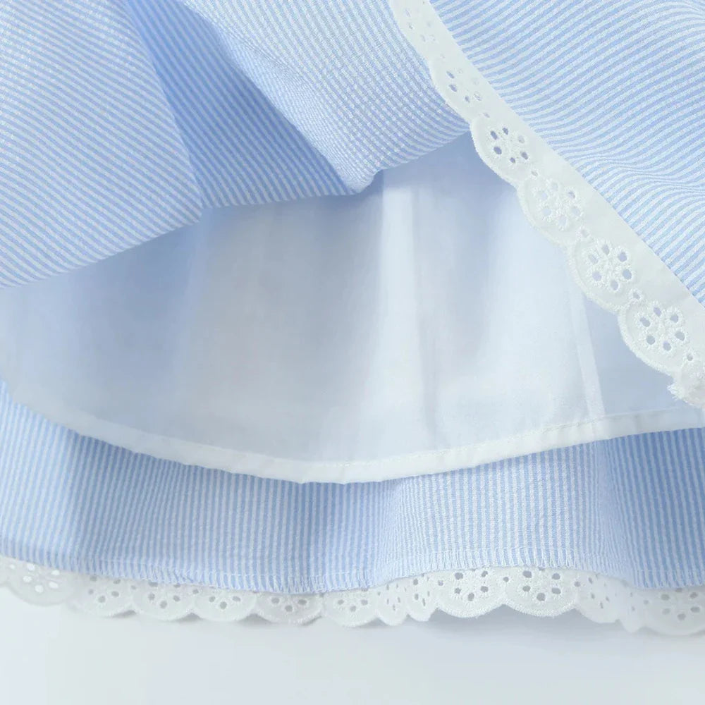 Blue Stripe Lace Trim Babydoll Mini Dress