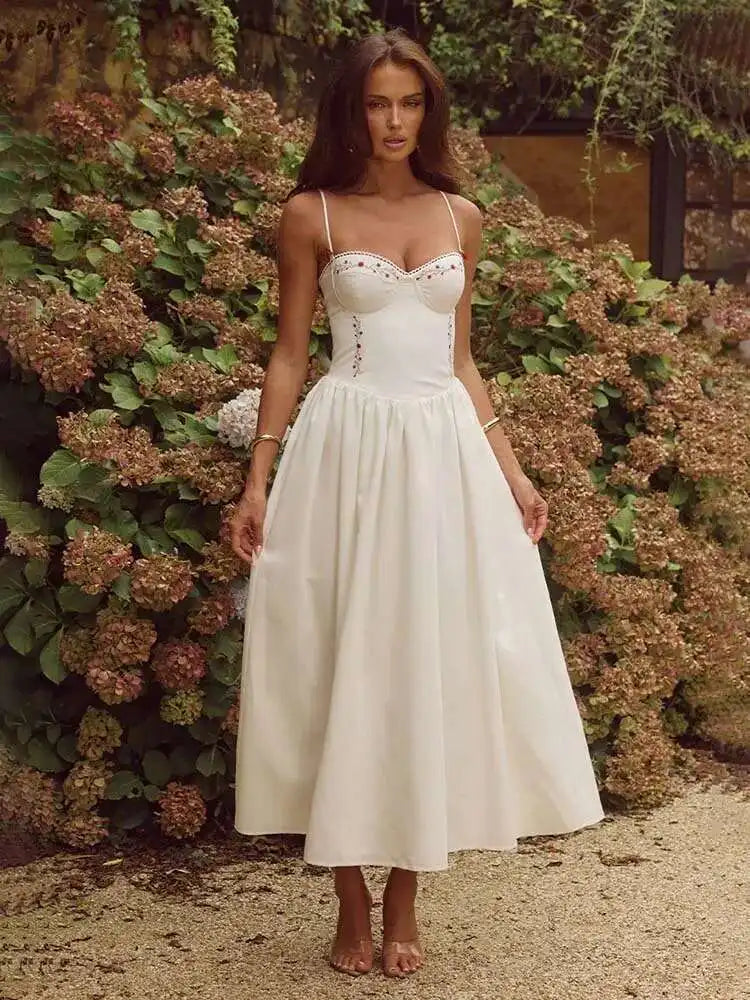 White Floral Embroidered Midi Bustier Dress