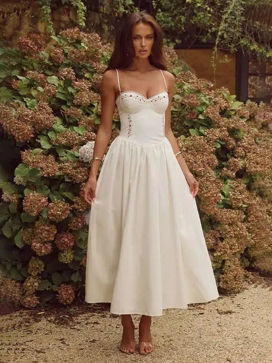 White Floral Embroidered Midi Bustier Dress