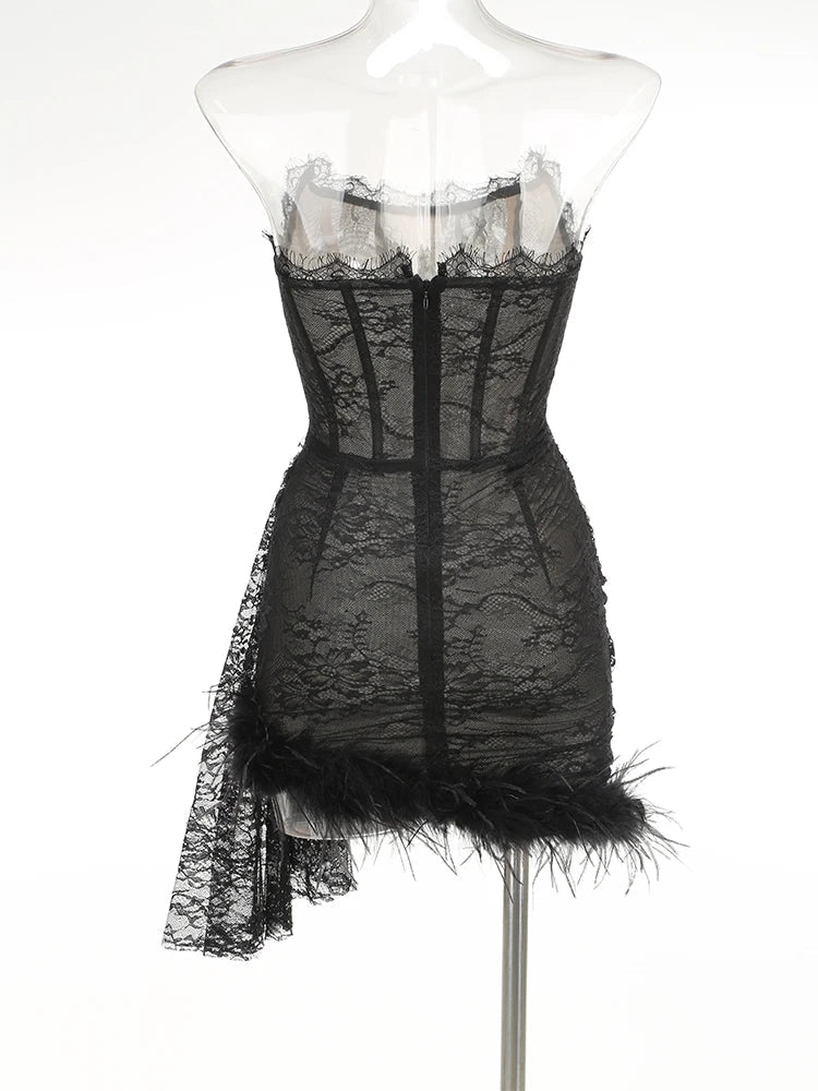 Lace Strapless Corset Gloves Mini Dress