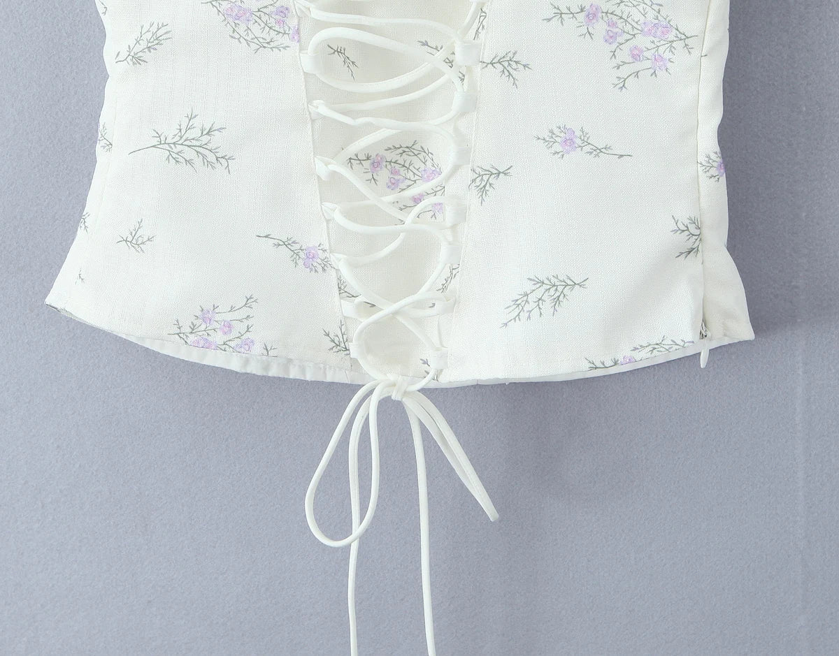 White Floral Print Tie Up Top
