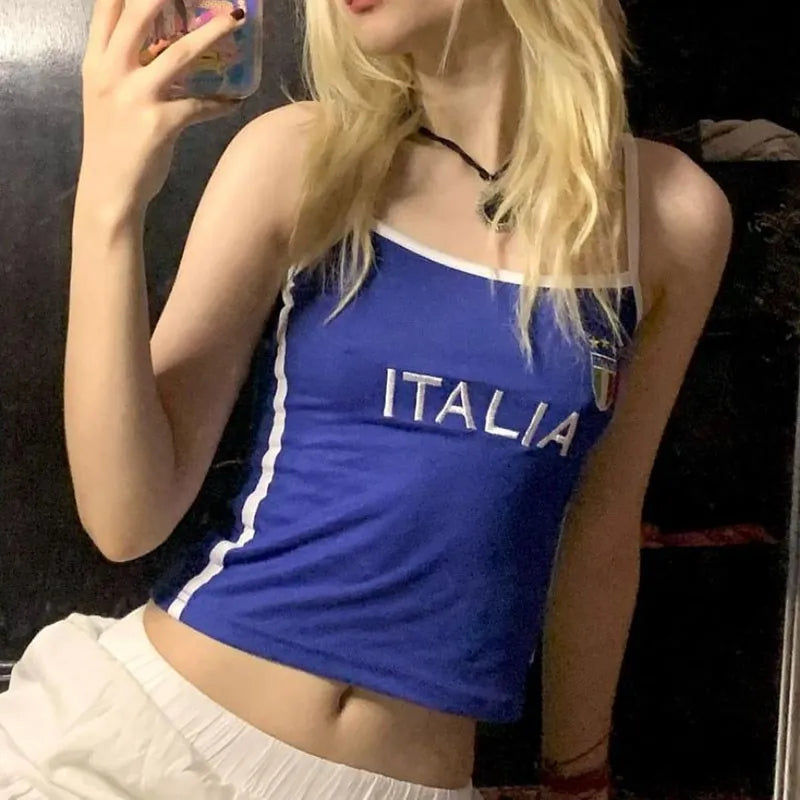 Italia Blue Flag Cami Top - Short Embroidered