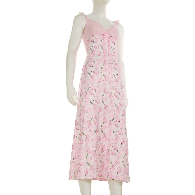 Pink Tulip Print Lace Strap Midi Dress