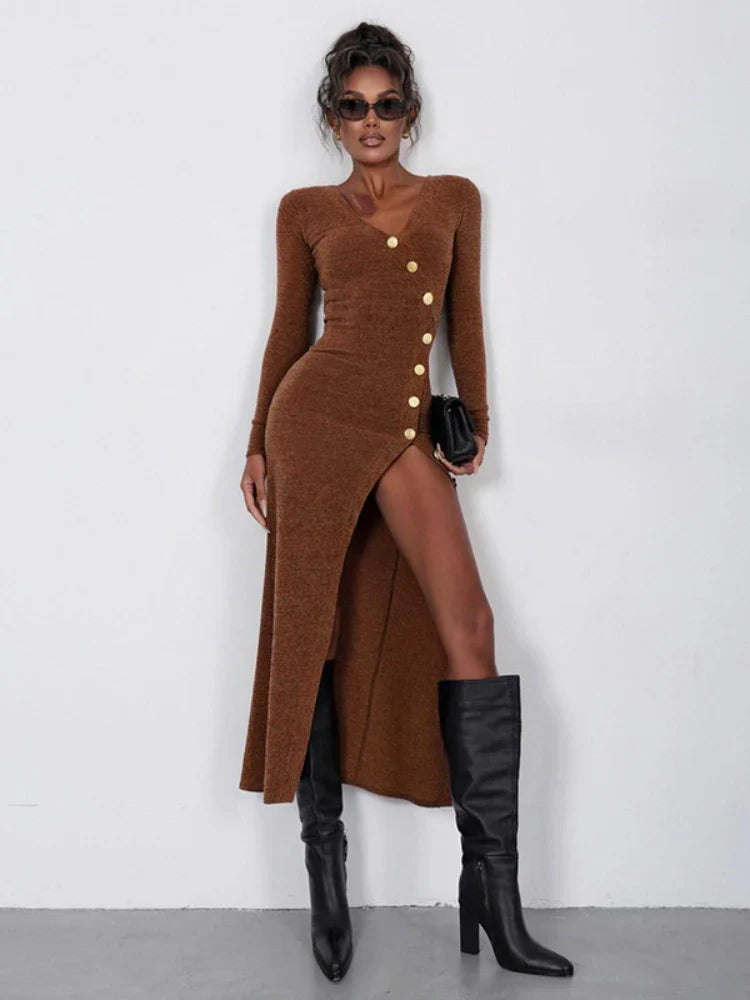 Side Slit Long Sleeve Buttons Knitwear Midi Dress
