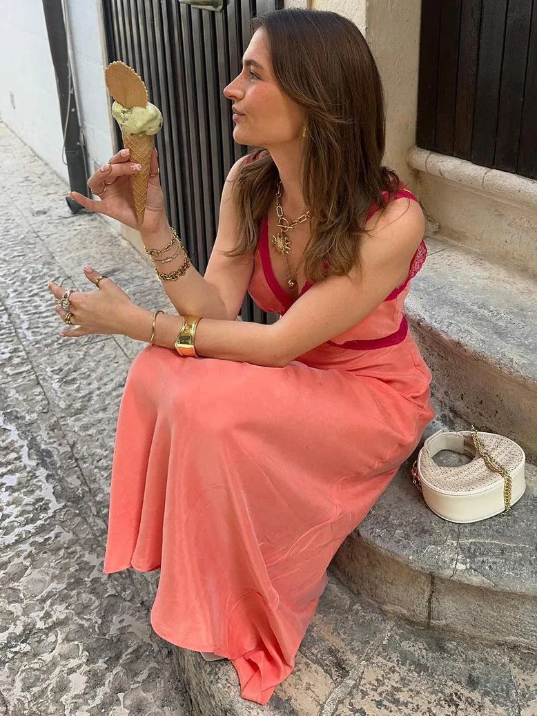 Lace Patchwork V-Neck Maxi Dress