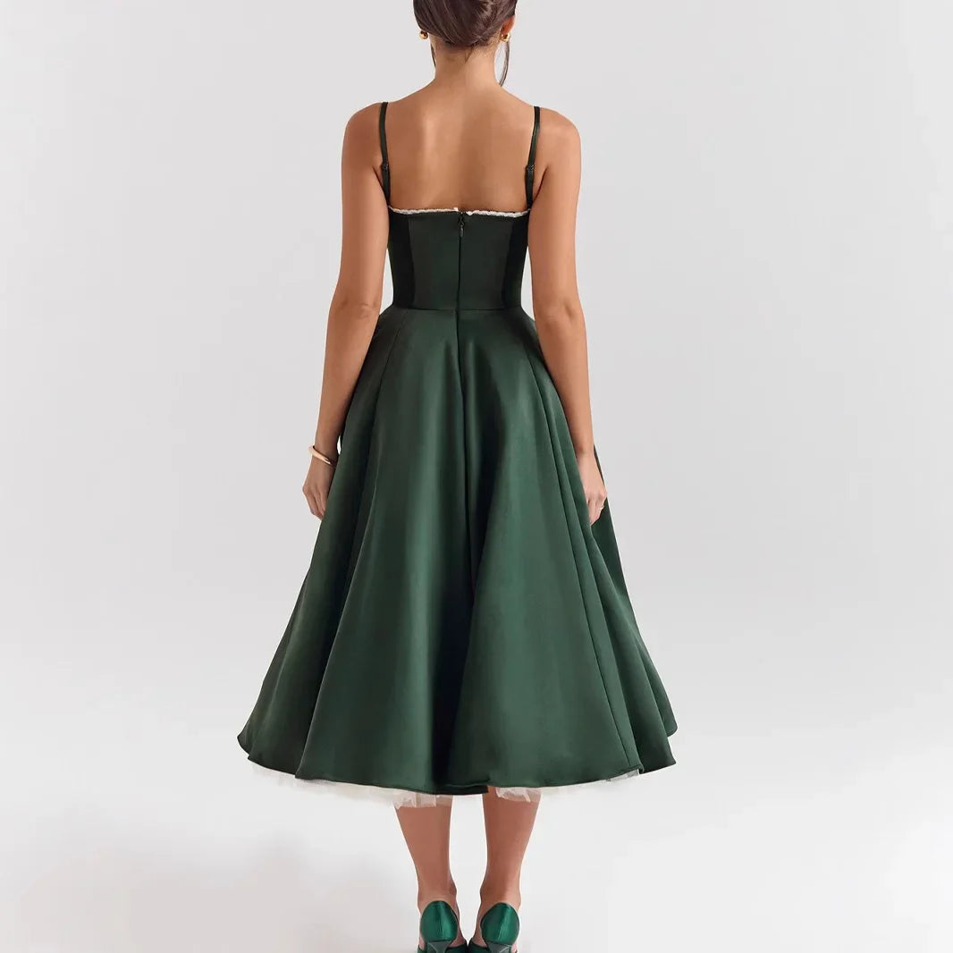 Satin Bustier Strap Tulle Midi Dress
