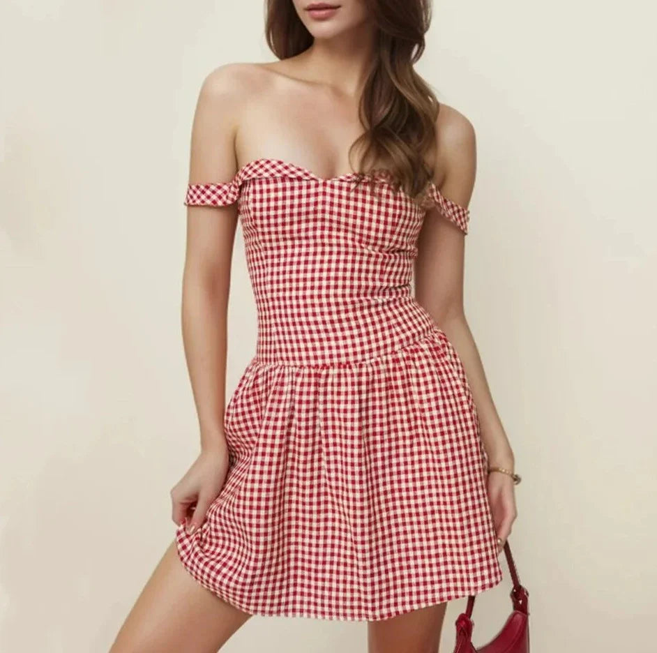 Red Plaid Off-shoulder Mini Dress