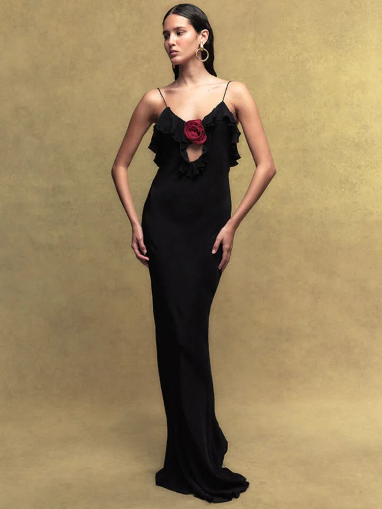 Rose Polka Dot Ruffle Strappy Maxi Dress