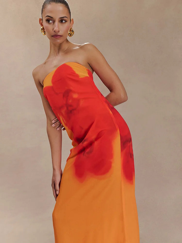 Orchid Floral Print Strapless Straight Maxi Dress