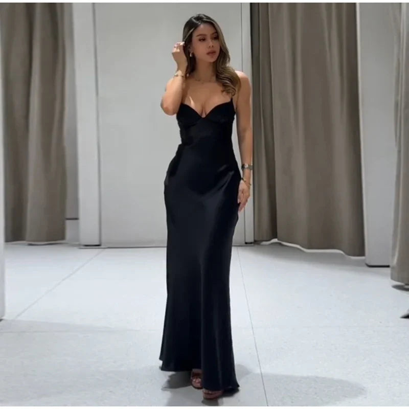 Satin Solid V-neck Strap Maxi Dress