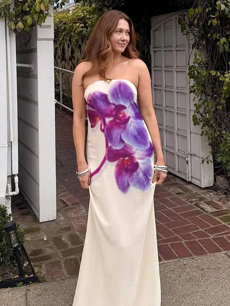 Orchid Floral Print Strapless Straight Maxi Dress