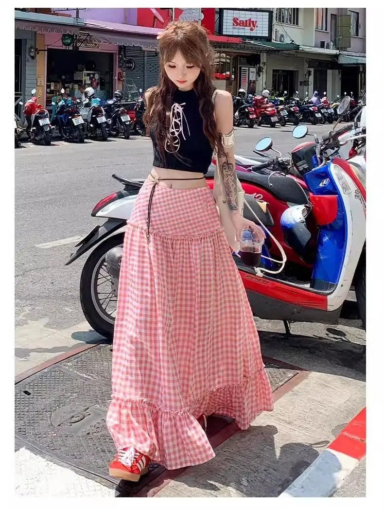 Pink Checkered Long Skirt - Casual A-Line