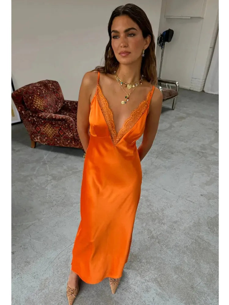 Strap Satin V-neck Long Dress