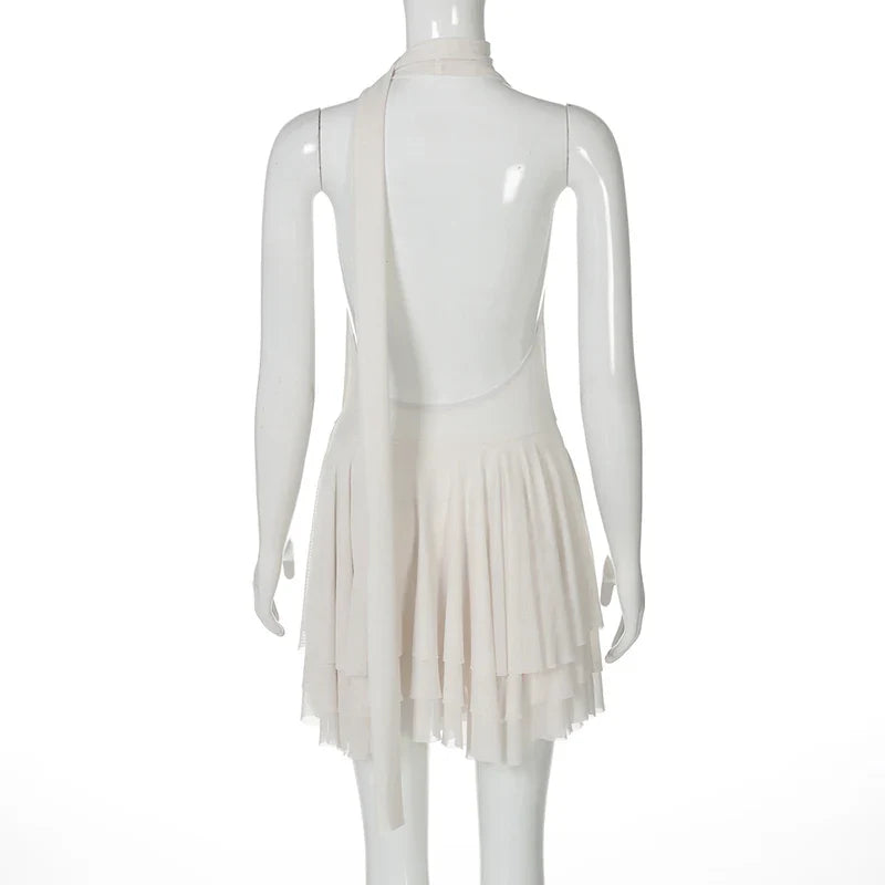 White Halter Deep V Neck Backless Mini Dress