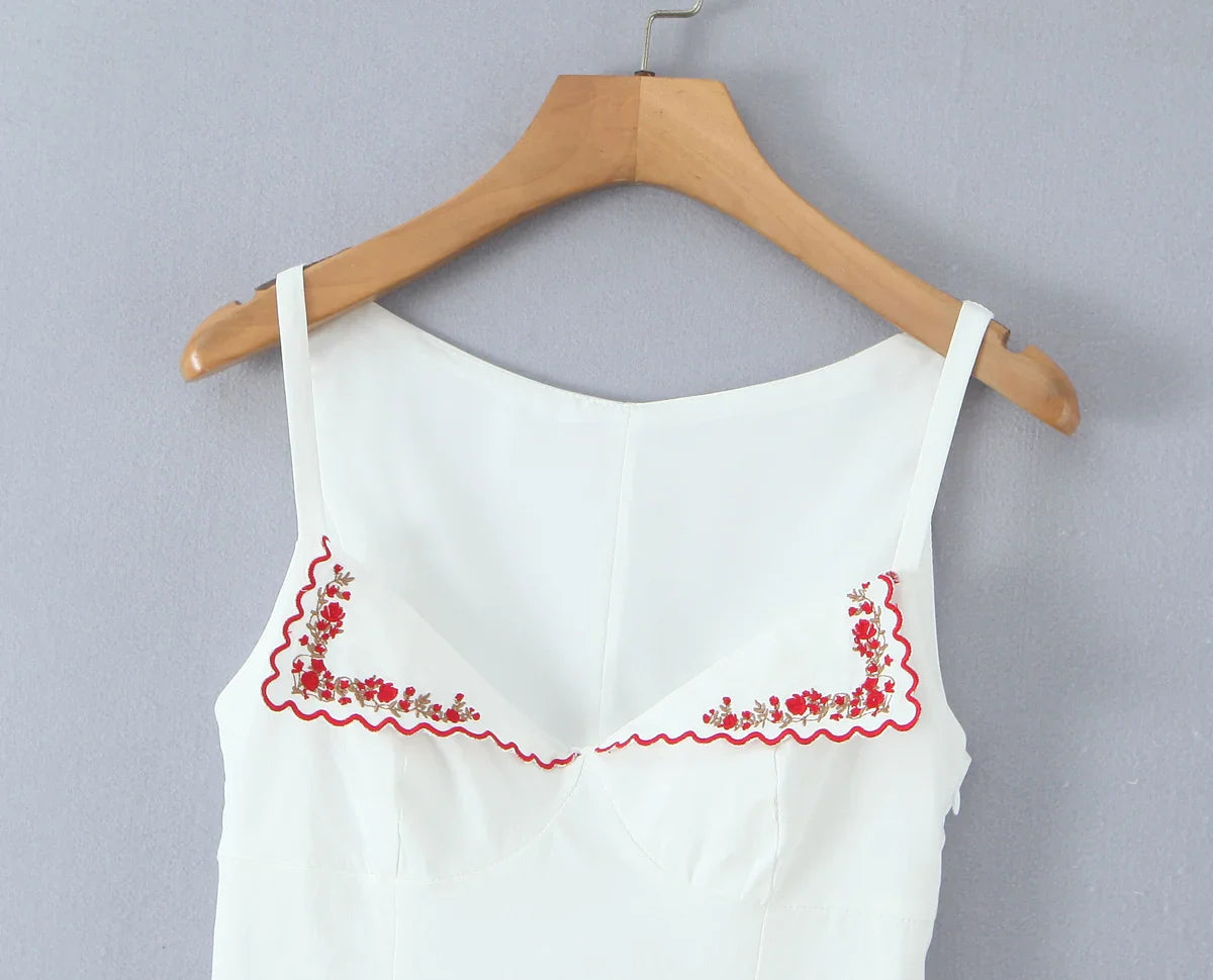White Embroidery Red Flower Lapel V neck Mini Dress