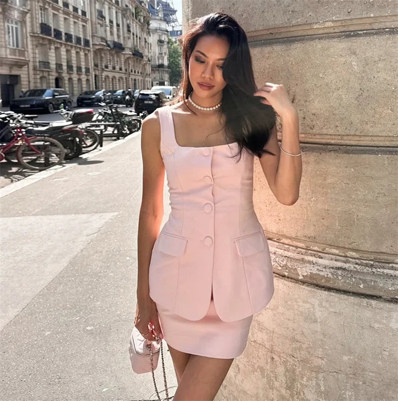 Buttoned Vest And Mini Skirt Set