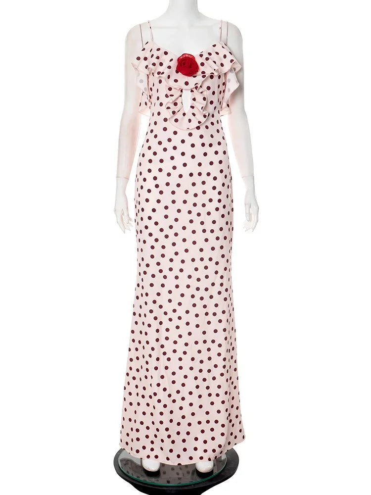 Rose Polka Dot Ruffle Strappy Maxi Dress
