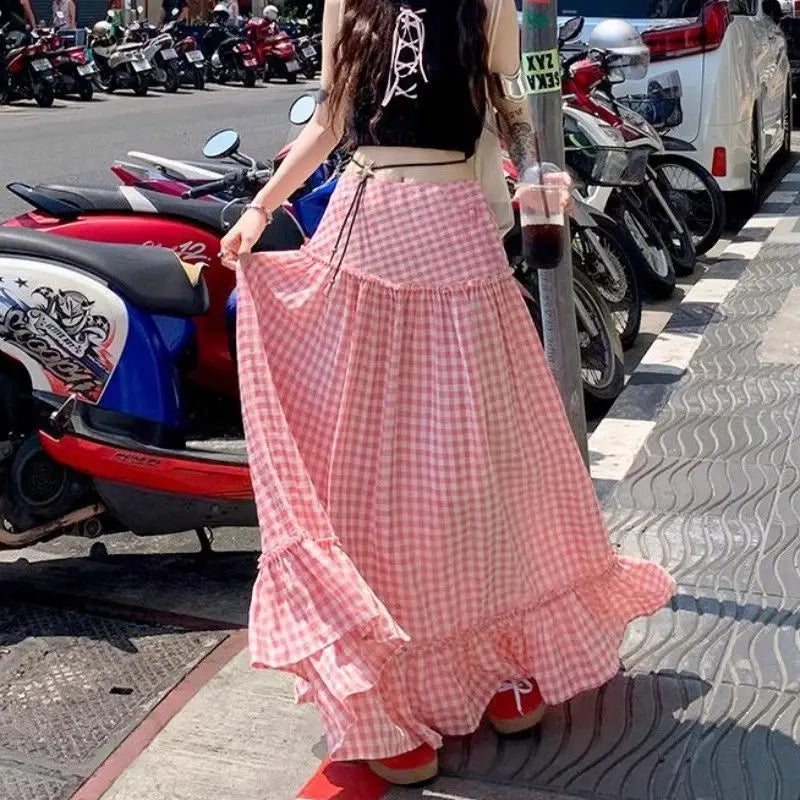 Pink Checkered Long Skirt - Casual A-Line