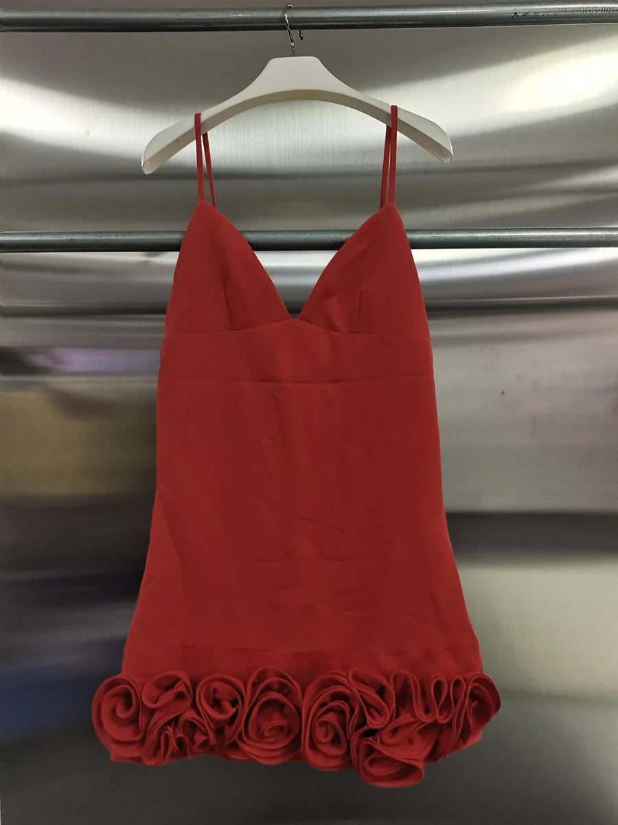 Red3D Rose Hem V-neck Mini Dress