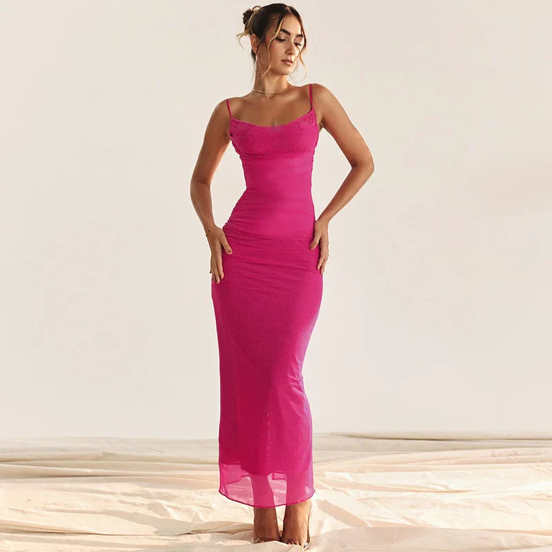 Mesh Pink Ruched Bodycon Strap Midi Dress