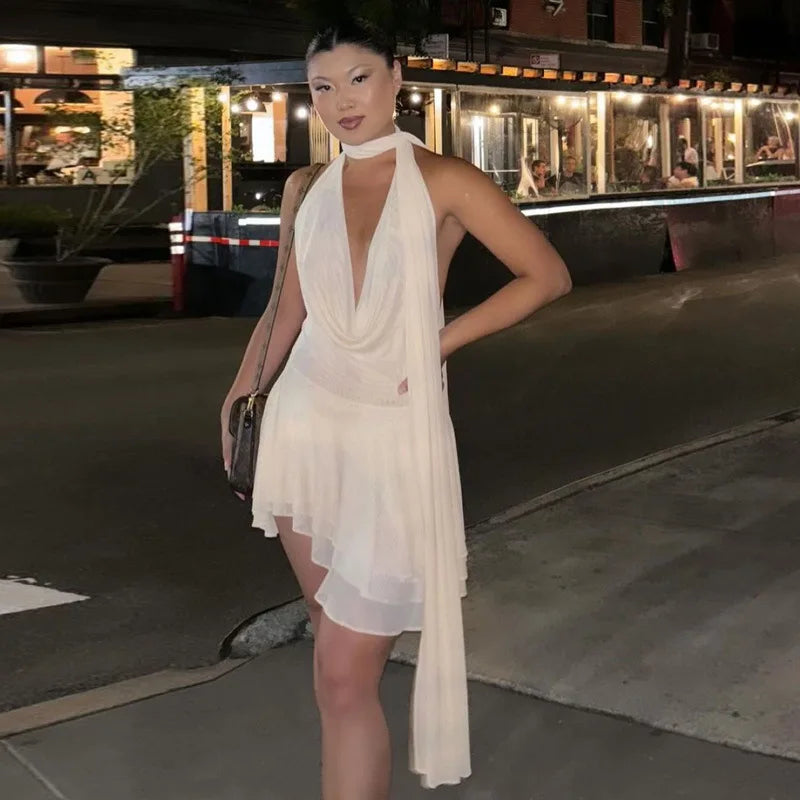 White Halter Deep V Neck Backless Mini Dress