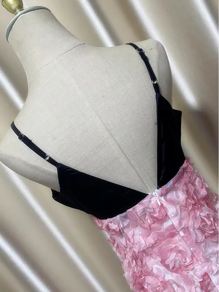 Pink 3d Floral Straight Midi Dress