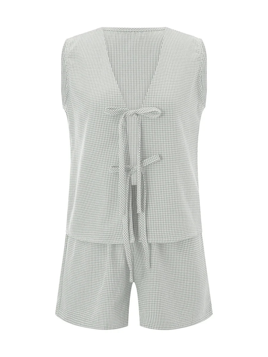 Plaid Tie Up Top And Shorts Set