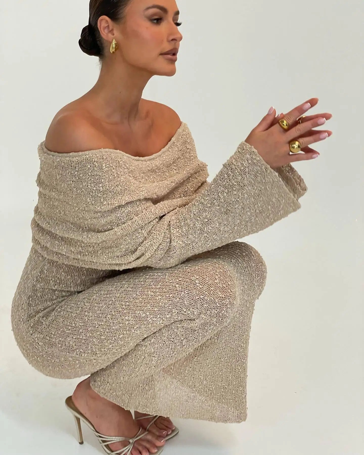 Knit Off-Shoulder Long Sleeve Maxi Dress