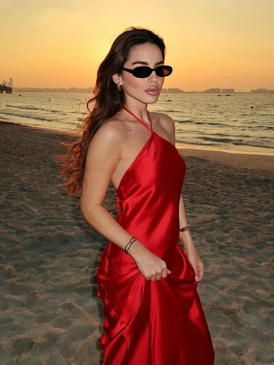 Red Satin Halter Maxi Dress