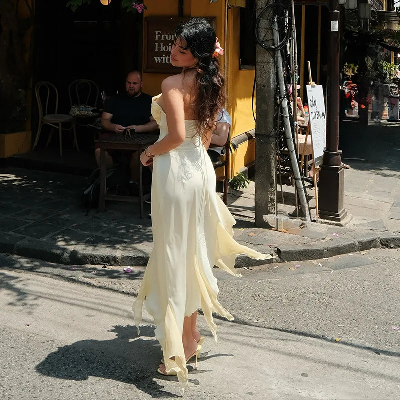 Beige Floral Frill Halter Midi Dress