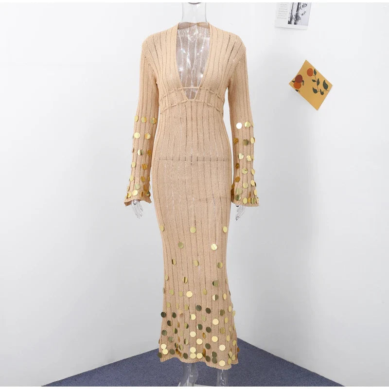 Beige Deep Neck Sequin Knitted Maxi Dress 