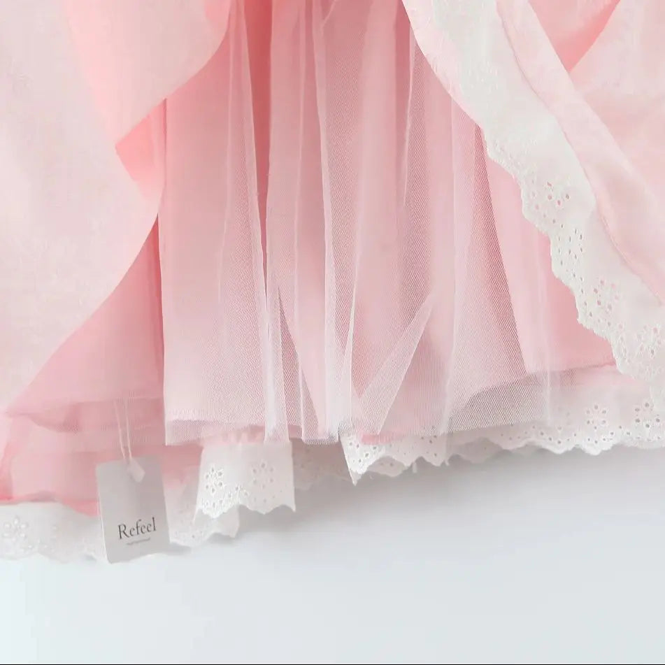 Tie Up Bow Lace Trim Flare Mini Dress