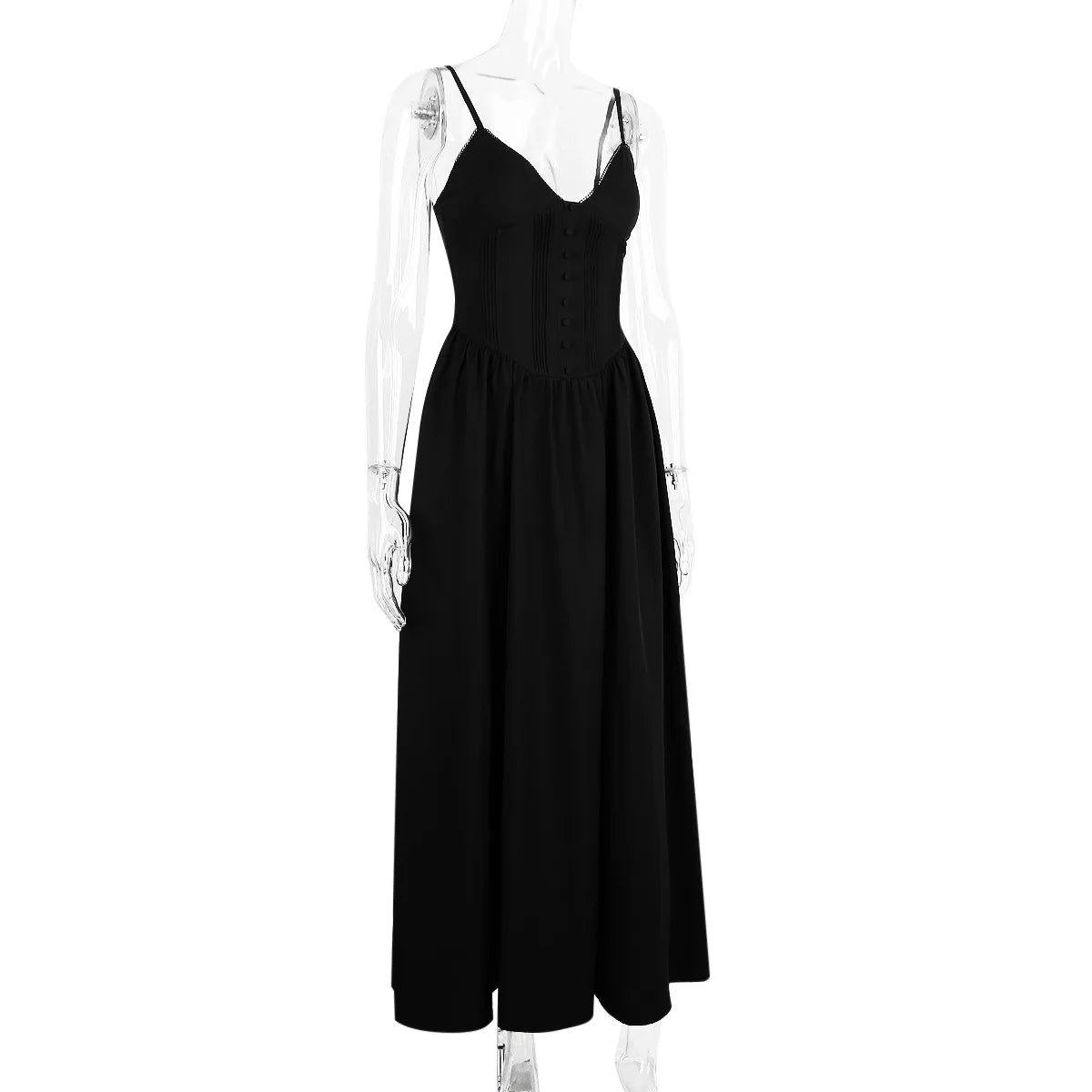 Black Buttoned  V-Neck Spaghetti Strap Maxi Dress