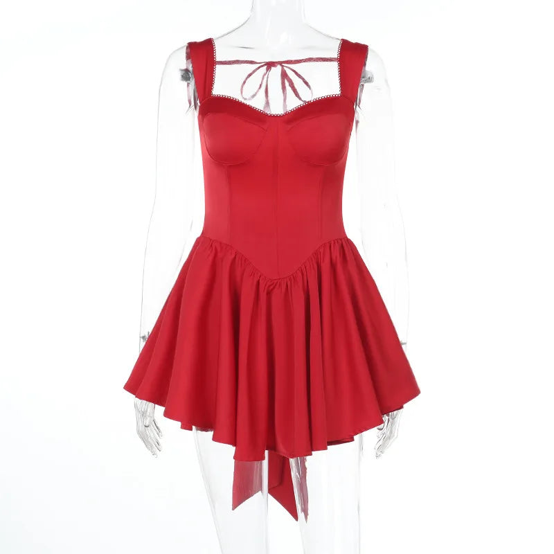 Red Back Lace Up Bow Mini Dress