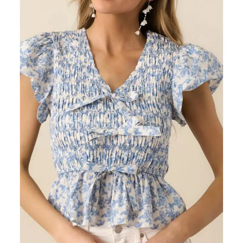Pleated Smocked 3D Bow Babydoll Crop Top