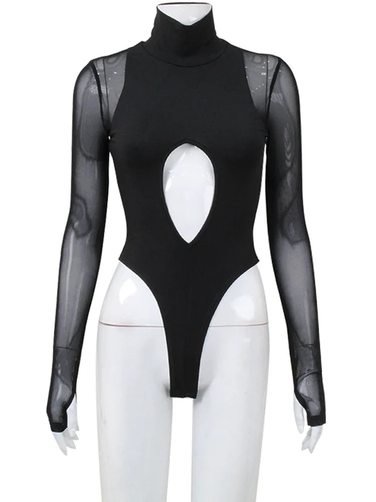 Black Hollow Out Mesh Long Sleeve Bodysuit