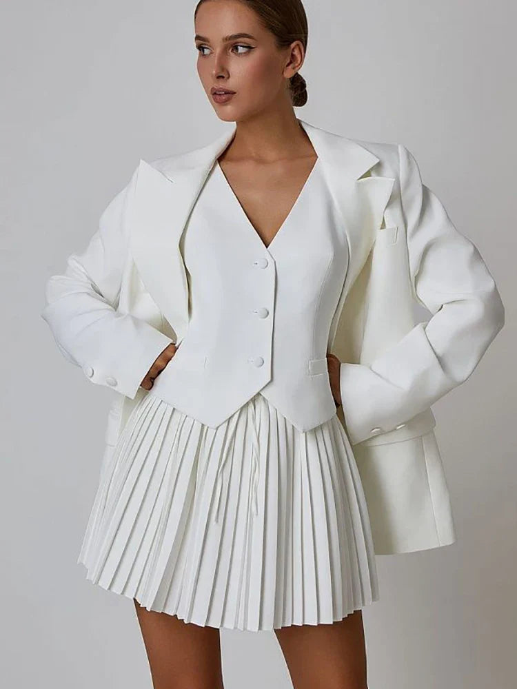 Solid V-neck Vest And Pleated Mini Skirt Set