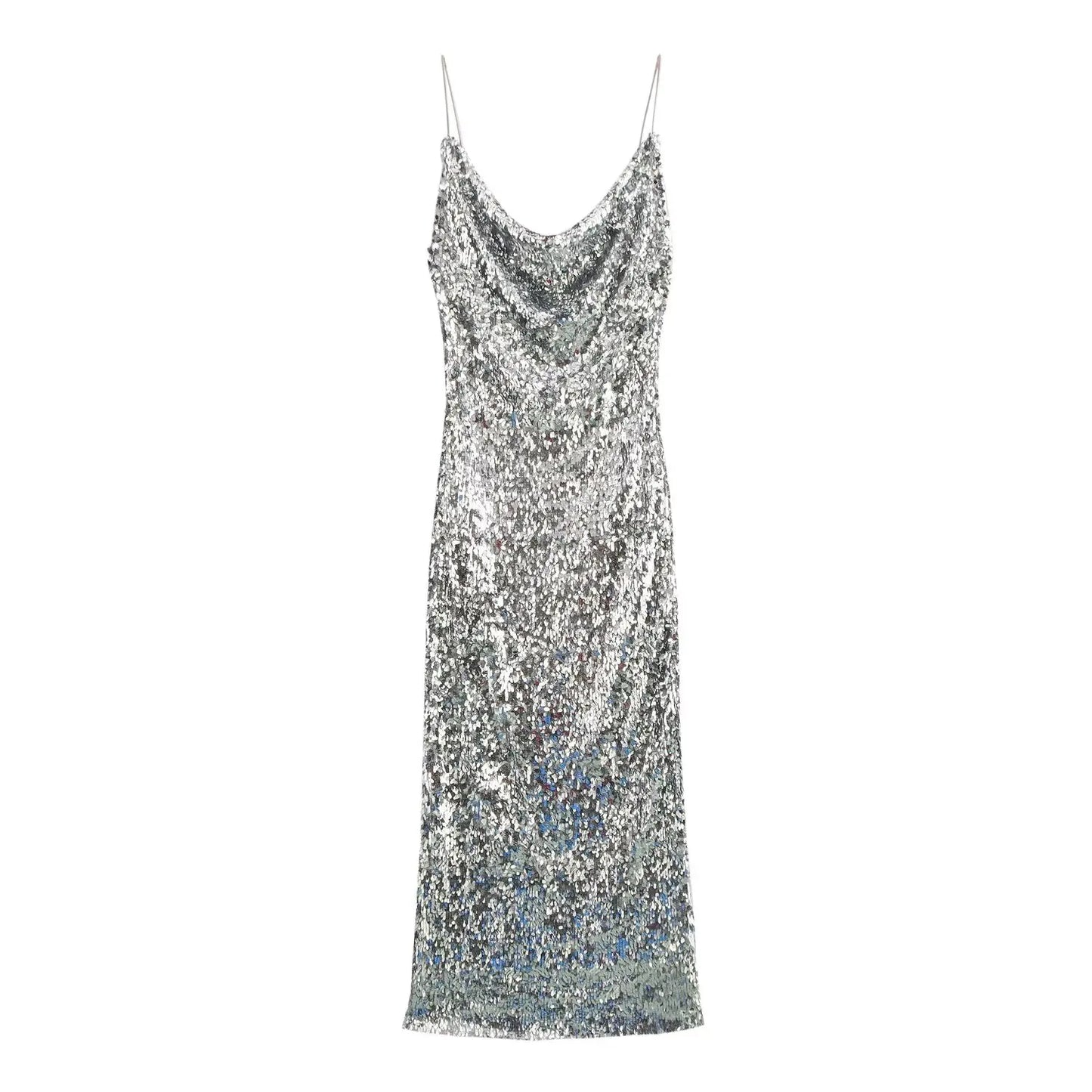 Silver Sequin Cowl Neck Midi Dress