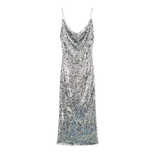 Silver Sequin Cowl Neck Midi Dress