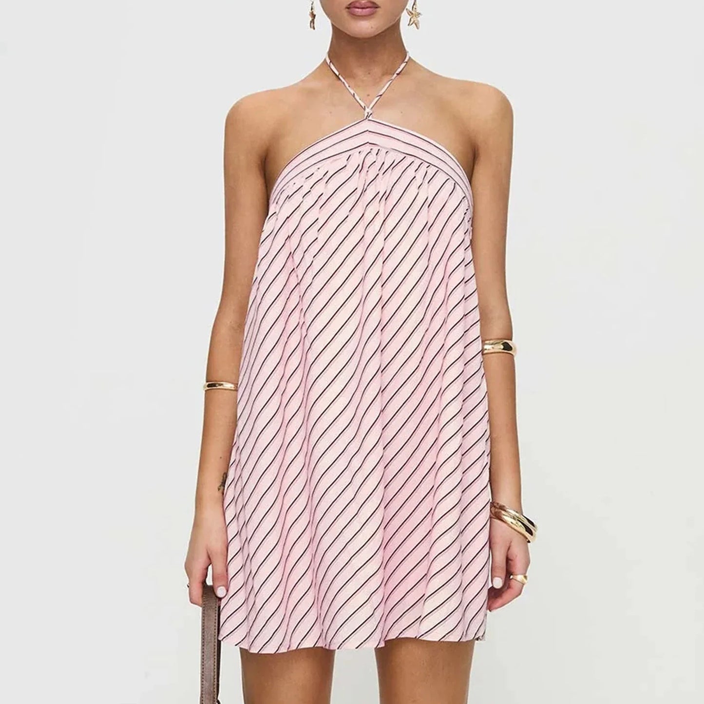 Pink Stripes Print Halter Short Dress