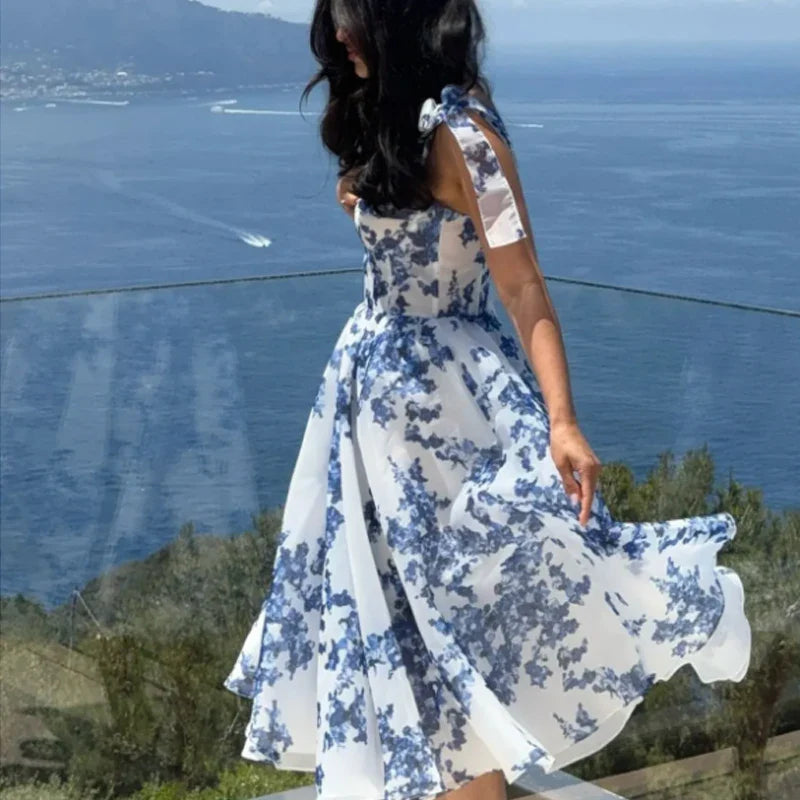 Floral Print Tie Up Buster Flare Mesh Midi Dress