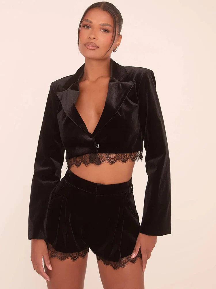 Black Velvet Lace Trim Crop Blazer And Shorts Set