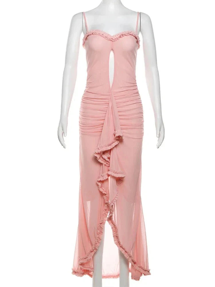 Hollow Out Ruffles Strap Midi Dress