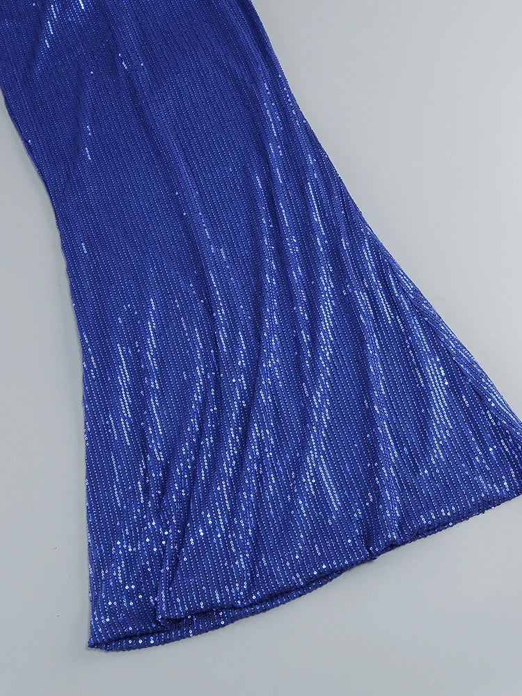 Sequin Halter Deep Neck Maxi Dress