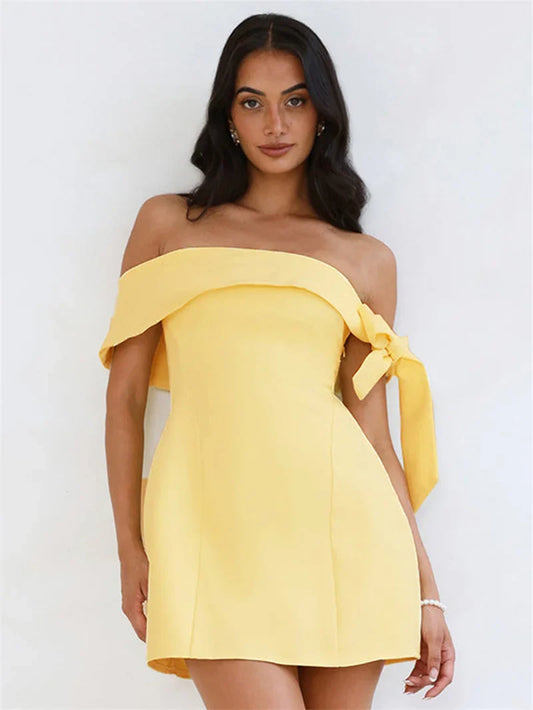 Off-shoulder Tie Up Solid Mini Dress