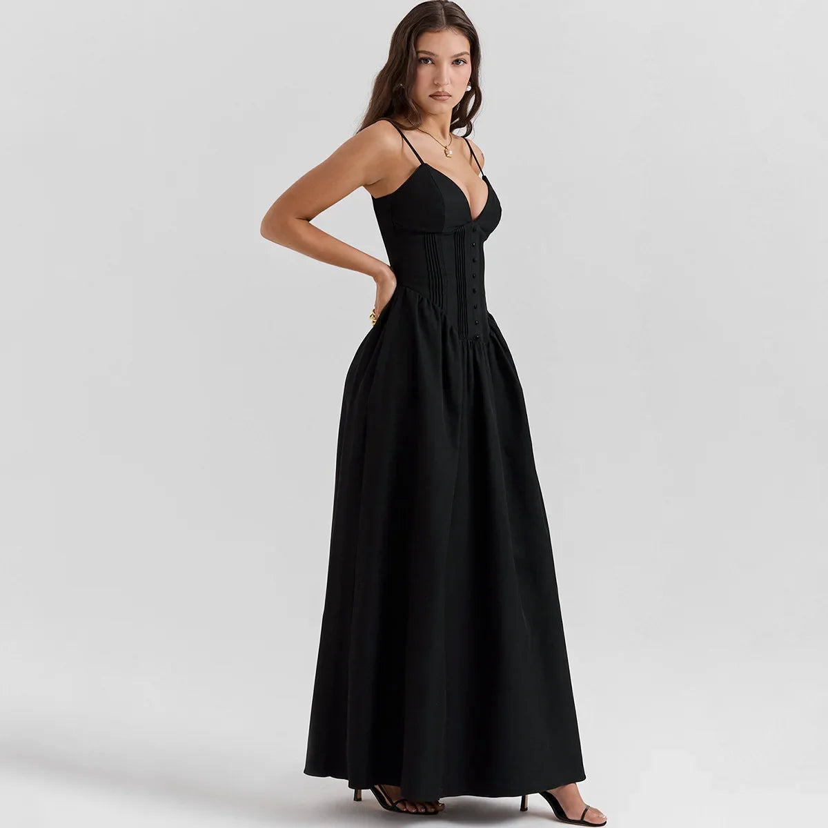 Black Buttoned  V-Neck Spaghetti Strap Maxi Dress