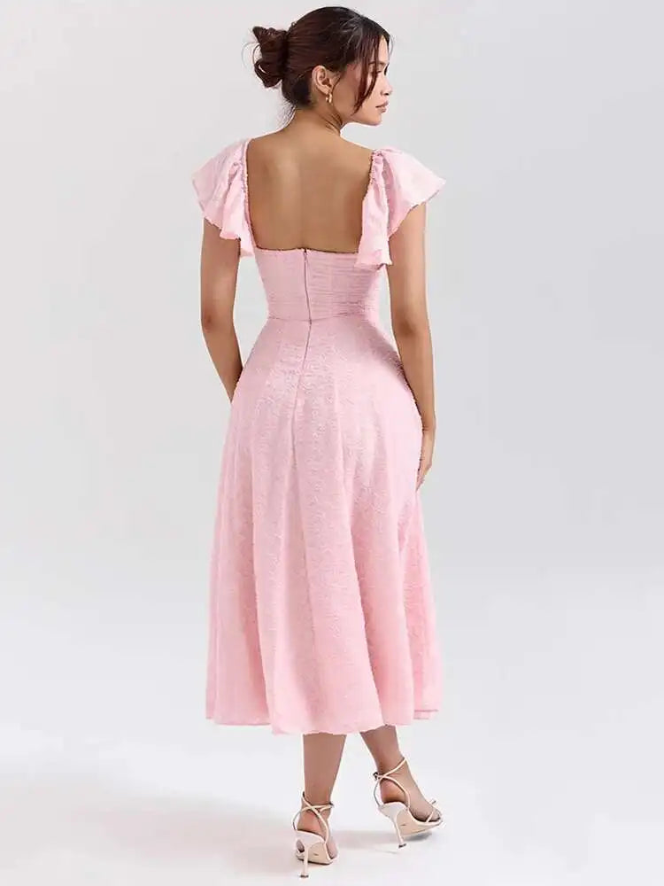 Pink Short Puff Sleeves Jacquard Print Maxi Dress