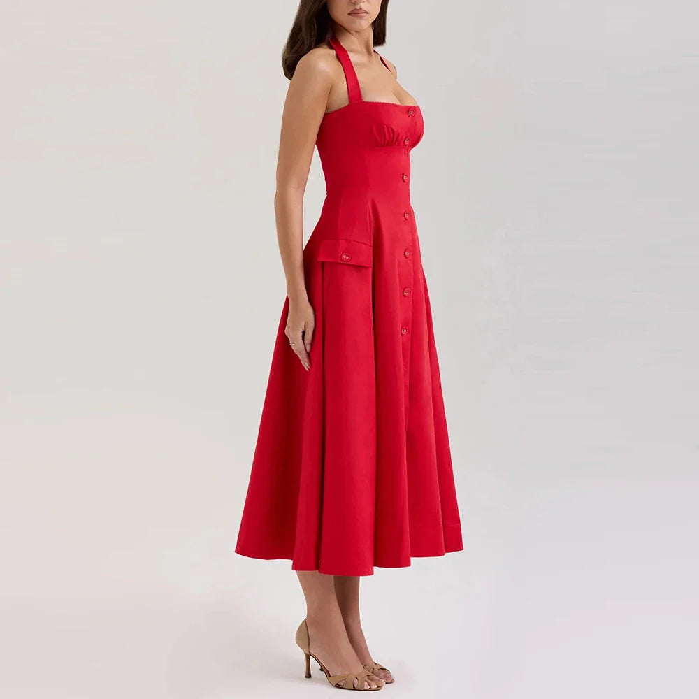 Printed Halter Flare Midi Dress